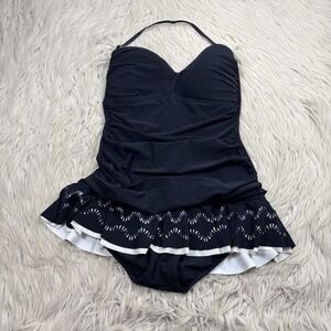 Profile by Gottex Women's 10 Black Skirted One Piece Swimsuit Ruched Retro Pinup